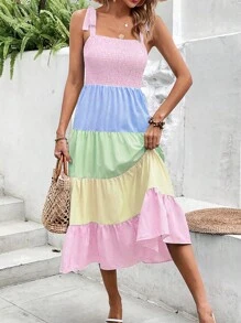 Breezaya Đầm Maxi Phối Ren Viền Ruffle Vai Phối Màu Cho Nữ Đi Nghỉ Biển - Nhiều màu - Xem 3