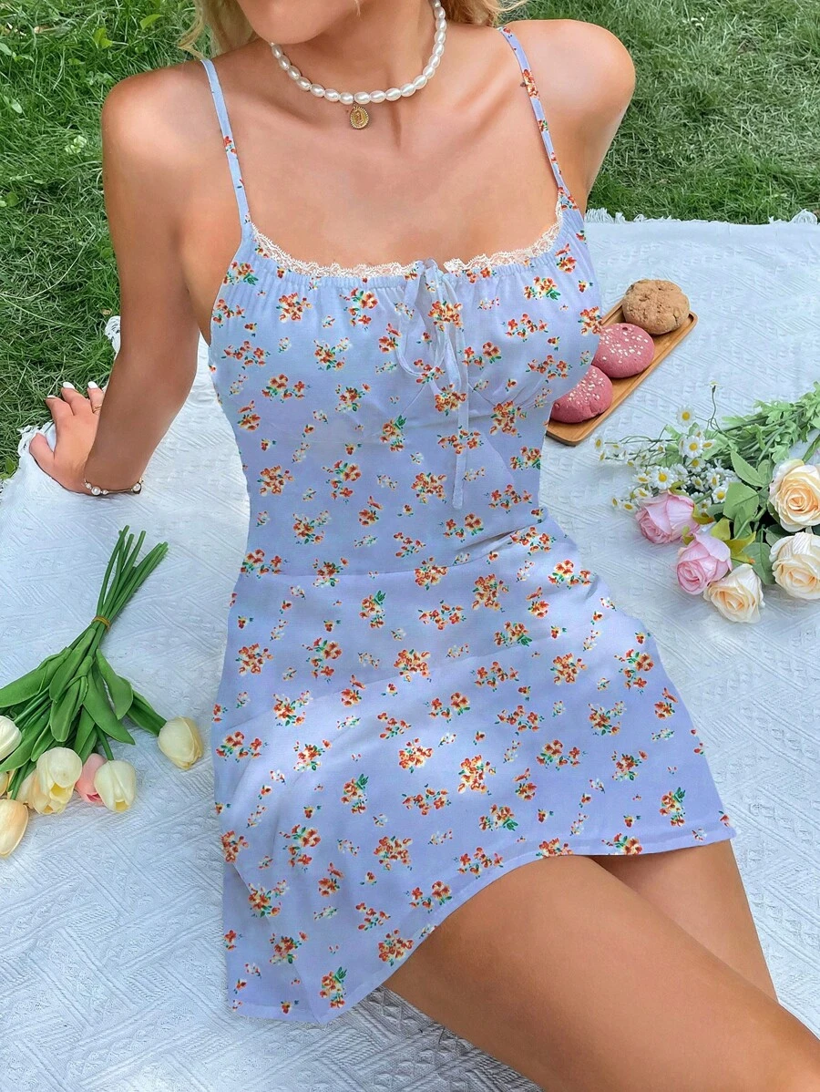 SHEIN WYWH 碎花前打結吊帶洋裝 - 淺藍色 - 查看 1