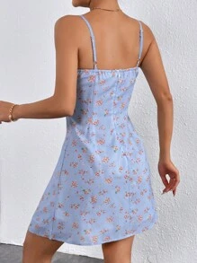 SHEIN WYWH 碎花前打結吊帶洋裝 - 淺藍色 - 查看 2