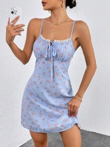 SHEIN WYWH 碎花前打結吊帶洋裝 - 淺藍色 - 查看 4