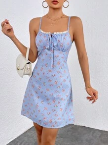 SHEIN WYWH 碎花前打結吊帶洋裝 - 淺藍色 - 查看 6