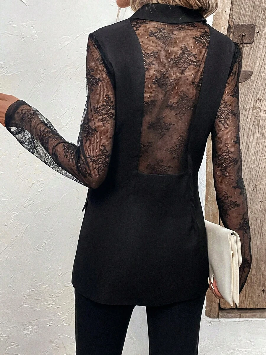 SHEIN Privé 蕾絲拼接前紐扣西裝外套 - 黑色 - 查看 1