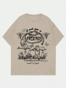 ROMWE MEN Guys Cotton Mushroom & Slogan Graphic Tee - Khaki - View 1