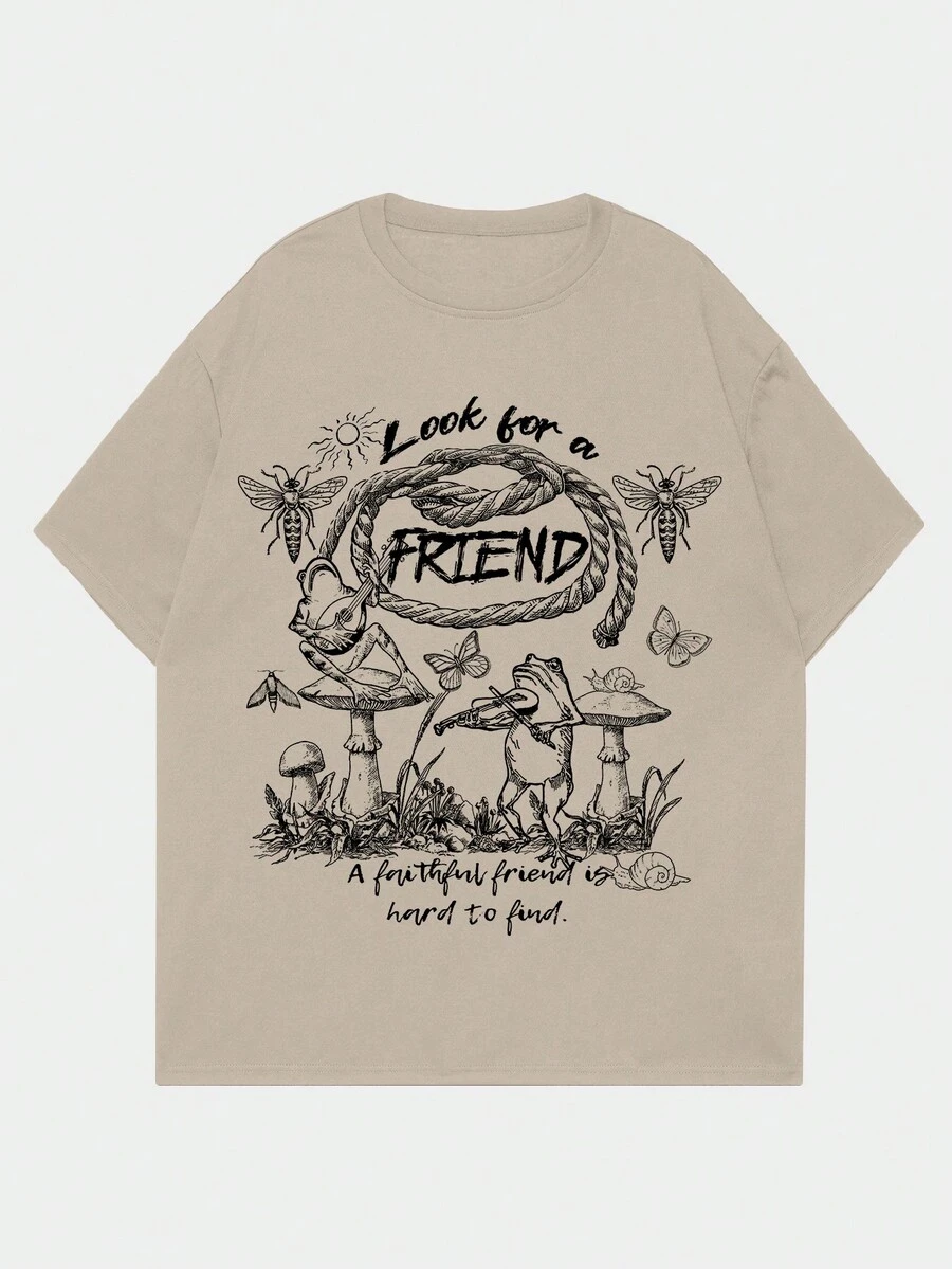 ROMWE MEN Guys Cotton Mushroom & Slogan Graphic Tee - Khaki - View 1