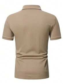 Manfinity Homme Men Quarter Zip Polo Shirt Collar Plain Work Business Casual Polo Shirt For Boyfriend Gift - Khaki - View 2