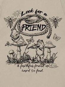 ROMWE MEN Guys Cotton Mushroom & Slogan Graphic Tee - Khaki - View 3