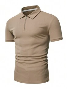 Manfinity Homme Men Quarter Zip Polo Shirt Collar Plain Work Business Casual Polo Shirt For Boyfriend Gift - Khaki - View 3