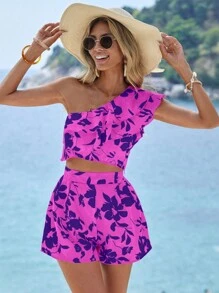 Breezaya 印花單肩荷葉邊上衣和短褲 - 彩色 - 查看 3