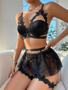 3 piezas Set de lencería con encaje en contraste con liga con aro - Negro - Ver 4