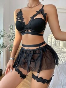 3 piezas Set de lencería con encaje en contraste con liga con aro - Negro - Ver 5