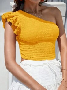 Vivid Eden Summer Beach One Shoulder Ruffle Trim Crop Solid Pleated Fabric Tee,Summer Clothing,Vacation Style,For Beach Vacation - Yellow - View 4
