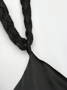 SHEIN VCAY Solid Draped Collar Tie Backless Satin Cami Dress - Black - View 3