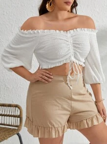 SHEIN VCAY 大碼一字肩褶邊前抽繩燈籠袖短款襯衫 - 白色 - 查看 3