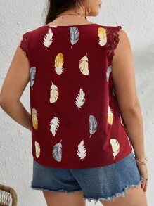 SHEIN VCAY Áo sơ mi Plus Size Tương phản ren Sò điệp Bộ lạc Giải trí - Màu Đỏ Sâu - Xem 2