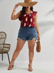 SHEIN VCAY Áo sơ mi Plus Size Tương phản ren Sò điệp Bộ lạc Giải trí - Màu Đỏ Sâu - Xem 4