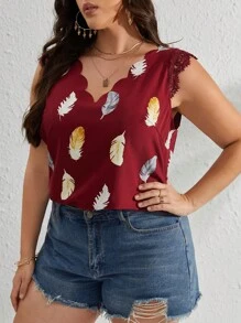 SHEIN VCAY Áo sơ mi Plus Size Tương phản ren Sò điệp Bộ lạc Giải trí - Màu Đỏ Sâu - Xem 5