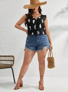 SHEIN VCAY Plus Feather Print Guipure Lace Trim Blouse - Black - View 3