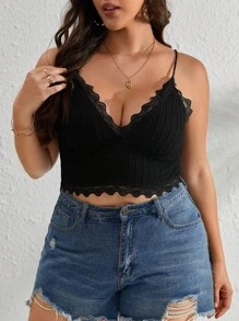 SHEIN VCAY 大碼蕾絲邊吊帶上衣 - 黑色 - 查看 3