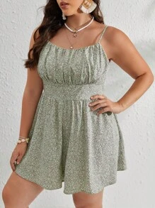 SHEIN VCAY Jumpsuits Plus Size Dải chun Nếp gấp Phần Ngực Họa tiết hoa Boho - Màu xanh Bạc hà - Xem 5
