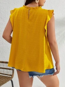 SHEIN VCAY Plus Contrast Lace Ruffle Trim Swiss Dot Top - Yellow - View 2