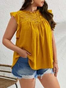 SHEIN VCAY Plus Contrast Lace Ruffle Trim Swiss Dot Top - Yellow - View 5