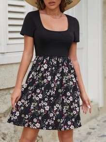 Cottnline Floral Print Scoop Neck Dress - Black - View 1