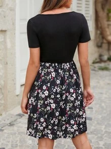 Cottnline Floral Print Scoop Neck Dress - Black - View 2