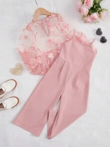 SHEIN Leap Crew 少女一件式喇叭褲連身裝，上身部分網紗覆蓋，配有花朵點綴 - 淺粉色 - 查看 1