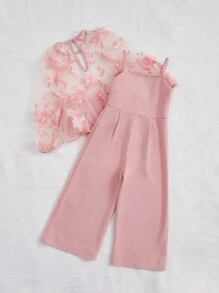 SHEIN Leap Crew 少女一件式喇叭褲連身裝，上身部分網紗覆蓋，配有花朵點綴 - 淺粉色 - 查看 2