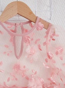 SHEIN Leap Crew 少女一件式喇叭褲連身裝，上身部分網紗覆蓋，配有花朵點綴 - 淺粉色 - 查看 4