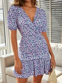 EURMUSE Allover Floral Print Surplice Neck Ruffle Hem Dress