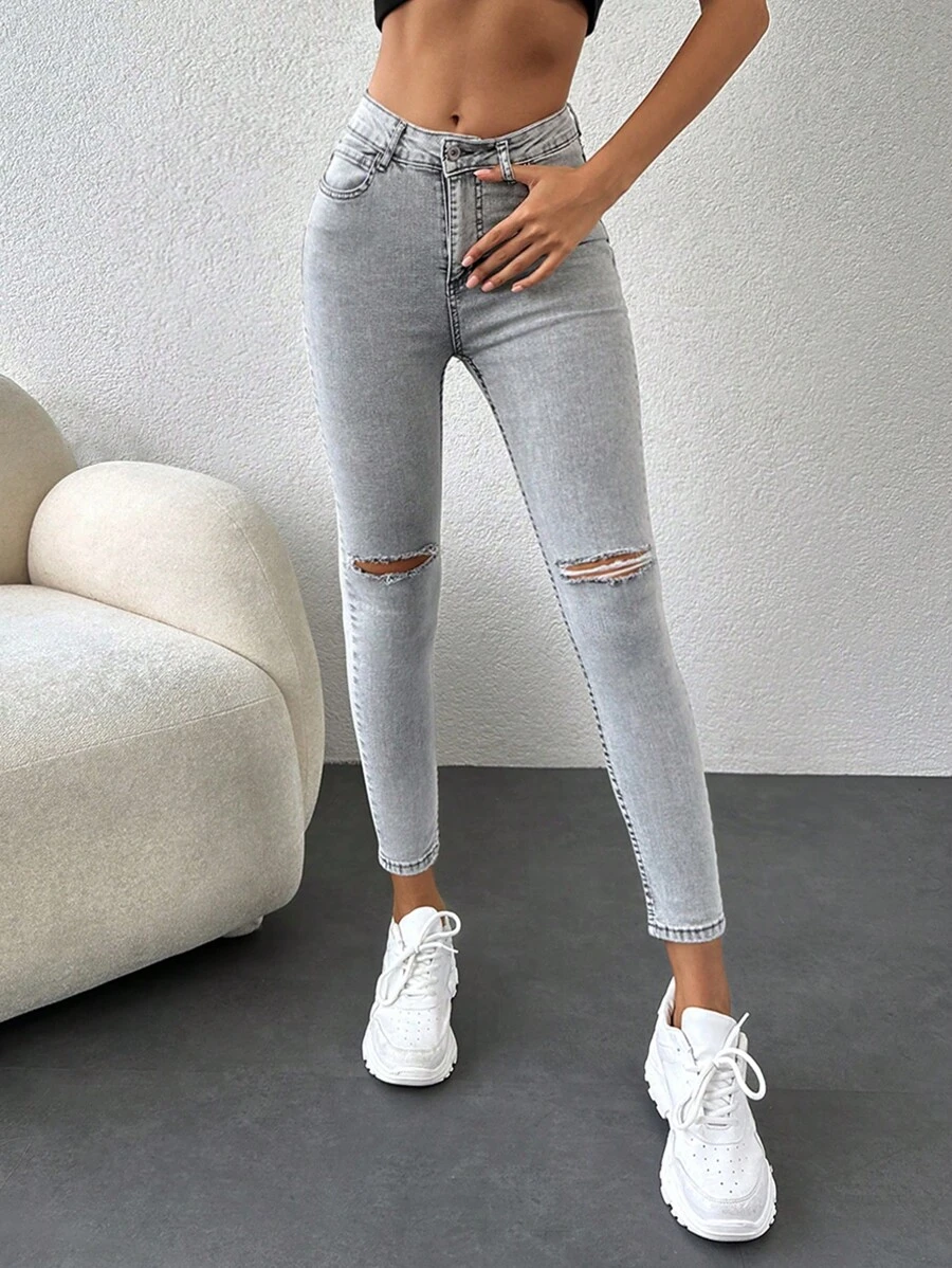 EURMUSE Ripped Skinny Jeans - Light Grey - View 1