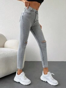EURMUSE Ripped Skinny Jeans - Light Grey - View 3