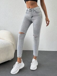 EURMUSE Ripped Skinny Jeans - Light Grey - View 4