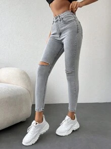 EURMUSE Ripped Skinny Jeans - Light Grey - View 5