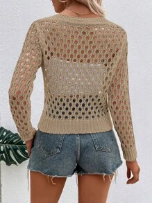 SHEIN LUNE 鏤空鏤空針織開襟衫 - 摩卡棕 - 查看 2