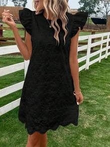 Breezaya Solid Eyelet Embroidery Ruffle Trim Dress - Black - View 3