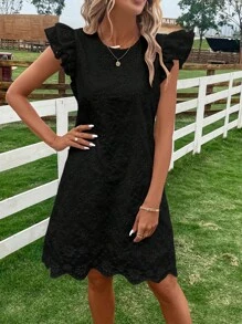 Breezaya Solid Eyelet Embroidery Ruffle Trim Dress - Black - View 5