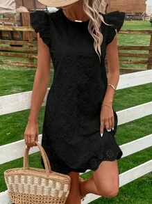 Breezaya Solid Eyelet Embroidery Ruffle Trim Dress - Black - View 6