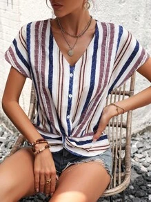 SHEIN LUNE 條紋印花前扭結蝙蝠袖襯衫 - 白色 - 查看 1