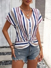 SHEIN LUNE 條紋印花前扭結蝙蝠袖襯衫 - 白色 - 查看 5