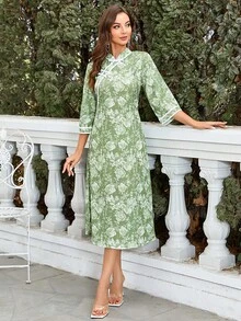 In hoa Cổ áo Mandarin Đầm - màu xanh lá - Xem 5