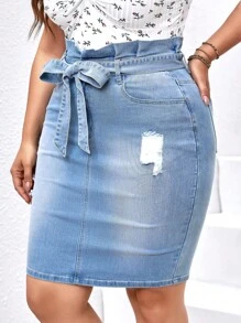 EMERY ROSE Plus Paperbag Waist Ripped Belted Denim Skirt - Light Wash - View 3