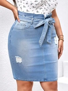 EMERY ROSE Plus Paperbag Waist Ripped Belted Denim Skirt - Light Wash - View 4