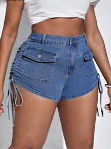 SHEIN SXY Plus Flap Pocket Drawstring Side Denim Shorts - Dark Wash - View 3
