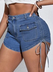 SHEIN SXY Plus Flap Pocket Drawstring Side Denim Shorts - Dark Wash - View 1