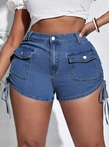 SHEIN SXY Plus Flap Pocket Drawstring Side Denim Shorts - Dark Wash - View 5