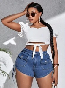 SHEIN SXY Plus Flap Pocket Drawstring Side Denim Shorts - Dark Wash - View 6