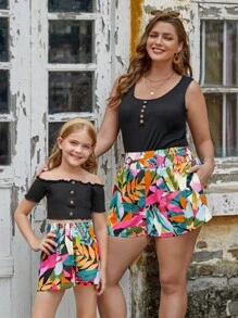 SHEIN LUNE 大碼1入組熱帶圖案闊腿短褲 - 彩色 - 查看 3