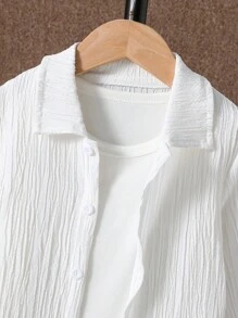SHEIN Áo sơ mi bé trai Nút phía trước màu trơn Giải trí - trắng - Xem 4